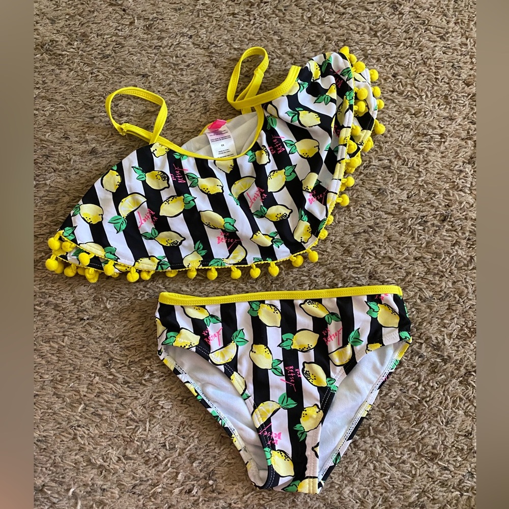 Kids, Betsey Johnson lemon/black/white striped ruffled bikini bathing suit